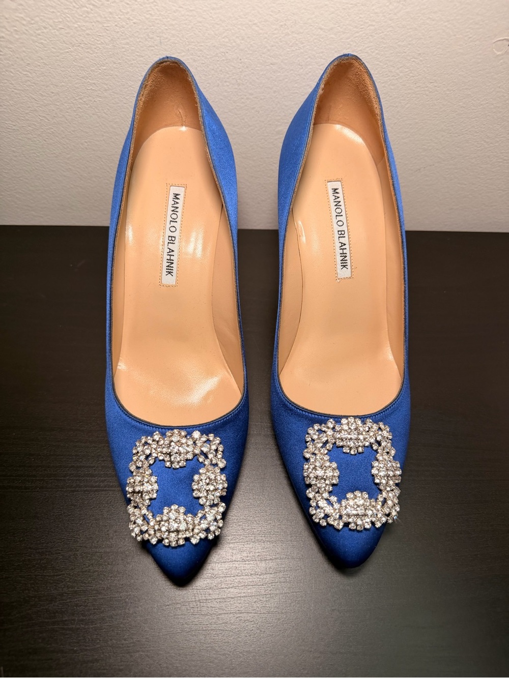 Manolo Blahnik Hangisi Royal Blue Satin Crystal-Embellished Heels